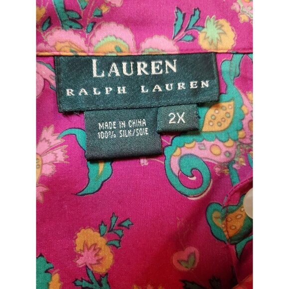 Lauren Ralph Lauren 100% Silk Womens 2XL Pink Green Paisley Button Up Shirt Art - Picture 12 of 13